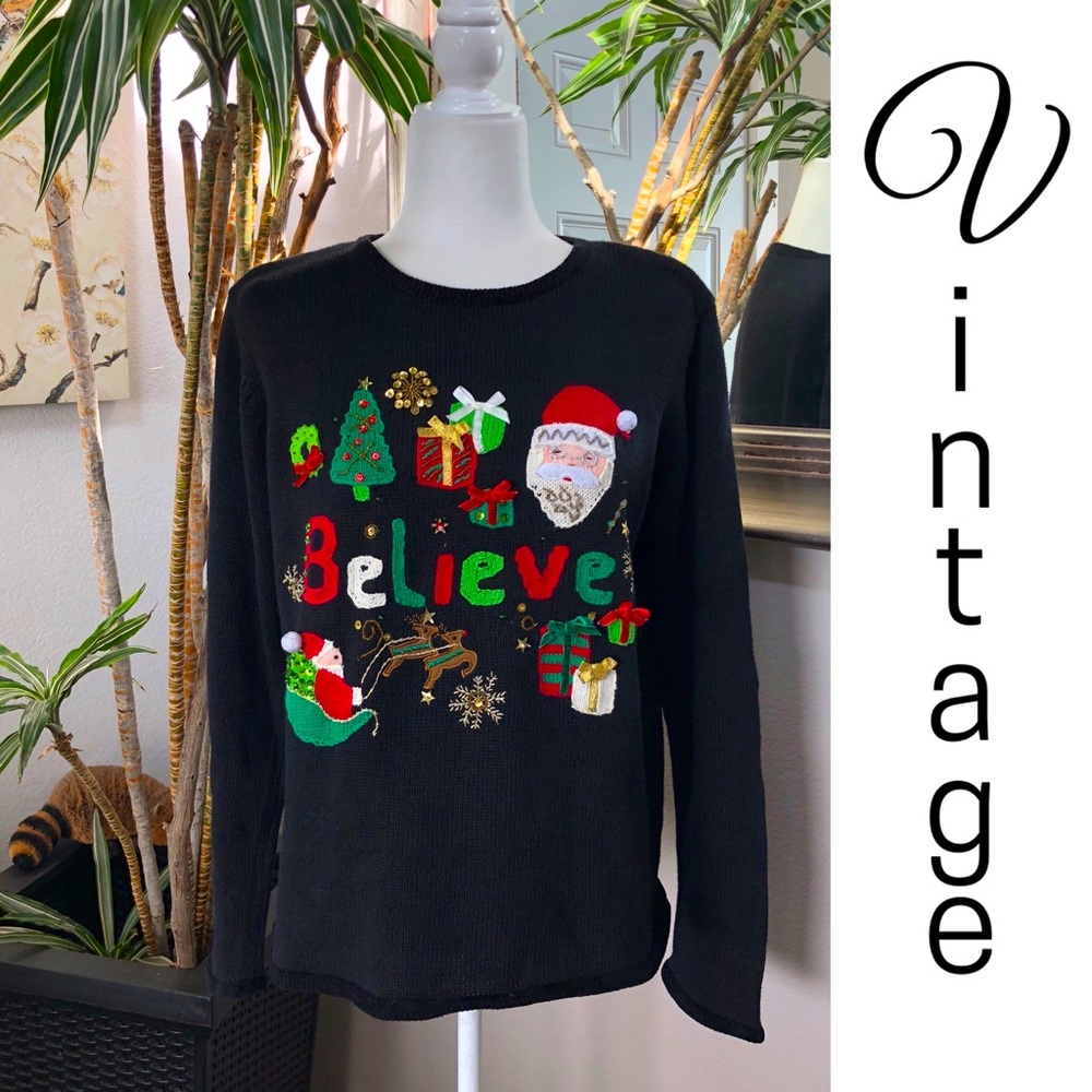 Vintage 80s 90s Embellished Christmas Sweater Large